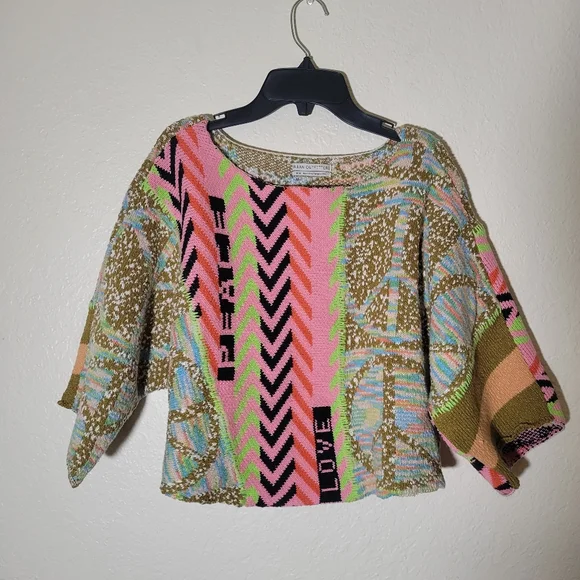 Urban Outfitters | Brianna Intarsia Knit Mixed Print Cropped Sweater Hippie M - Picture 2 of 8